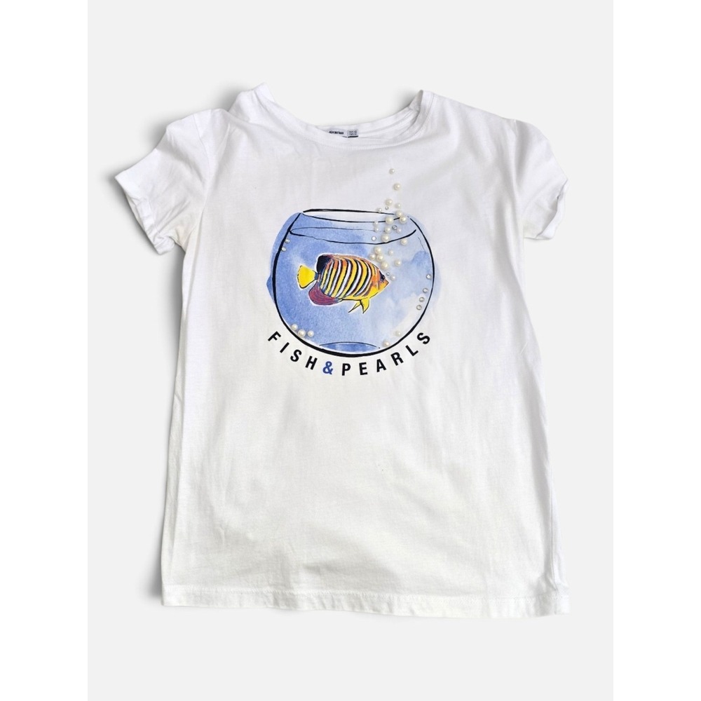 Stradivarius Fish & Pearls Whimsical Graphic Tee Coastal Oceancore Artsy